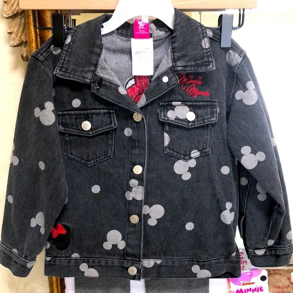 Minnie Mouse 3 piece black embroidered Jean jacket w/matching shirt/pants. Sz 4